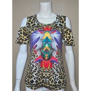 ASH & SARA Leopard Cold Shoulder Top Blouse with Colorful Design Women Size Sm